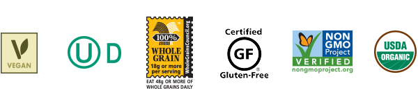 Vegan, Kosher, Whole Grain, Gluten-free, Non-GMO, Organic logos