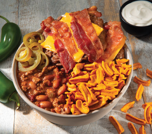 Crunchy Bacon Chili Pie with a spicy, cheesy topping