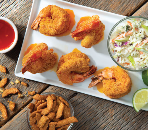 Crunchy Hot Shrimp with Bleu Cheese Slaw with a delicious coating of garlic sesame sticks